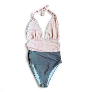 Cupshe Halter One Piece Bathing Suit - Ruched Tummy Control - Pink and Blue XL